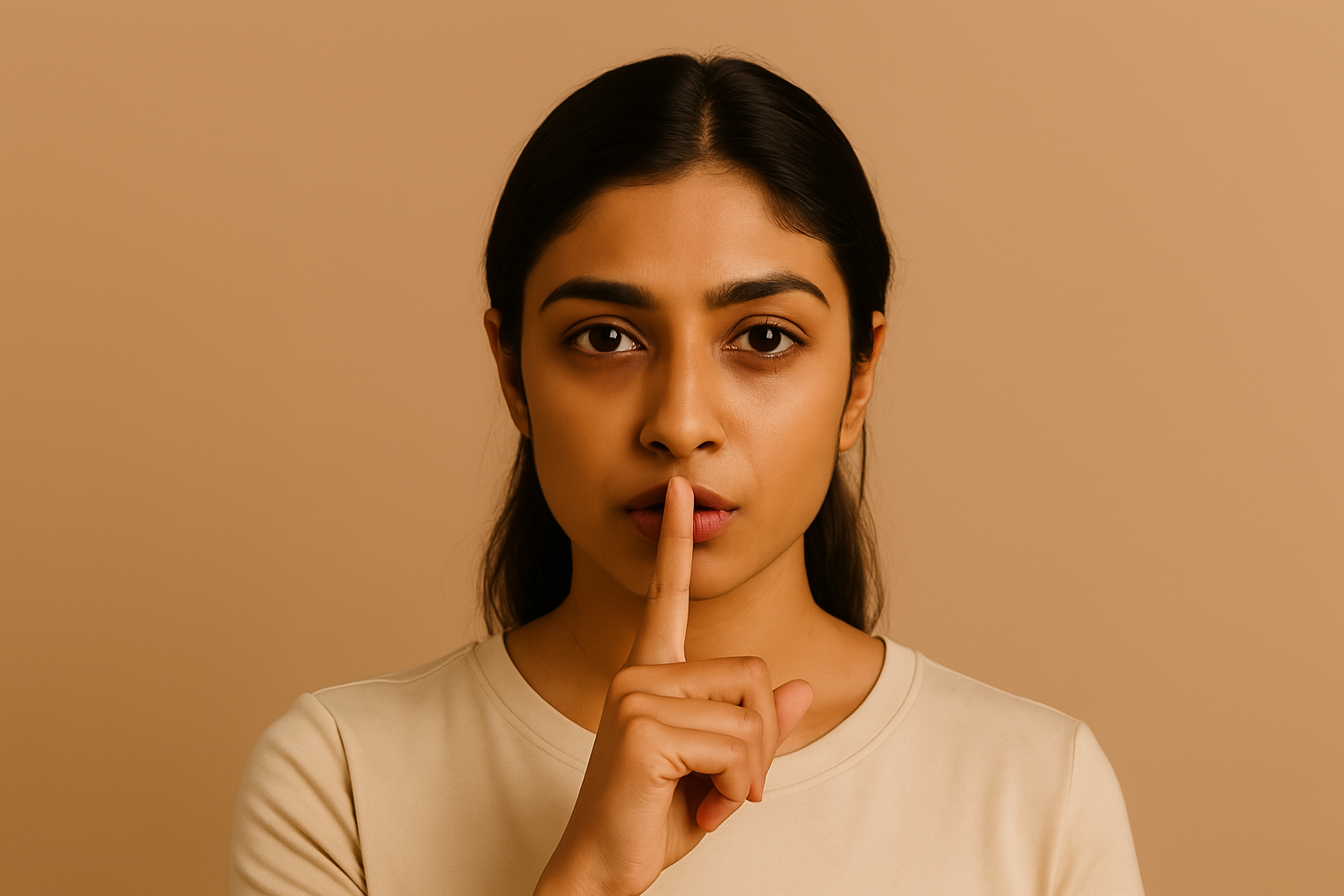Woman shushing with finger to lips